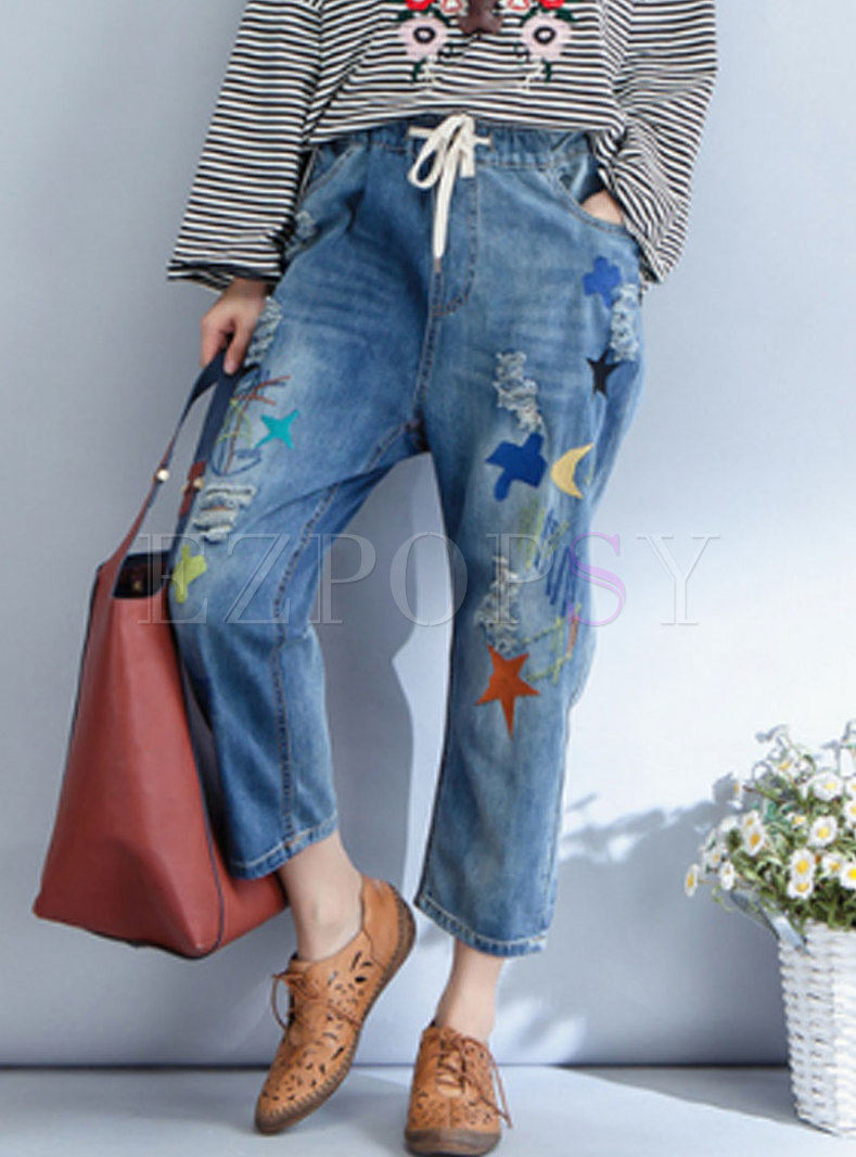 Stylish Blue Star Print Straight Pants With Ripped Detailing