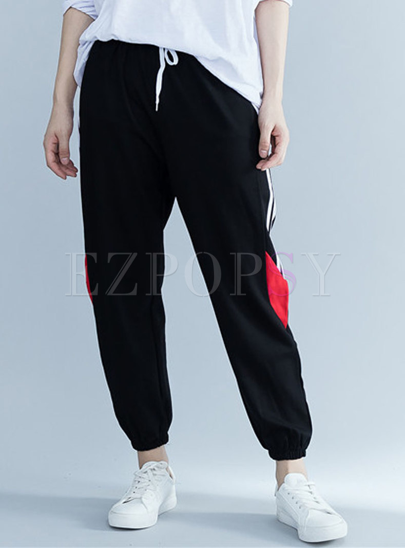 Casual Black Color-blocked Skinny Elastic Waist Pants
