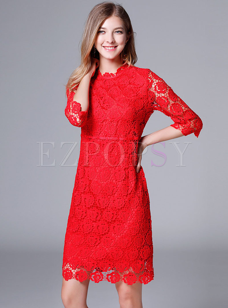 Elegant Red High Waist Hollow Out Perspective Lace Sheath Dress