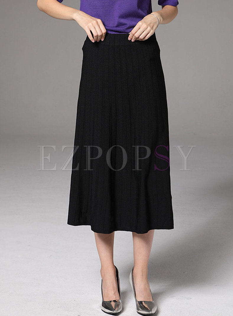 Brief Black Elastic Waist Knitted A Line Skirt 