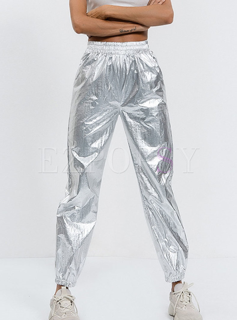 Casual Silver Elastic Waist Pocket Pants