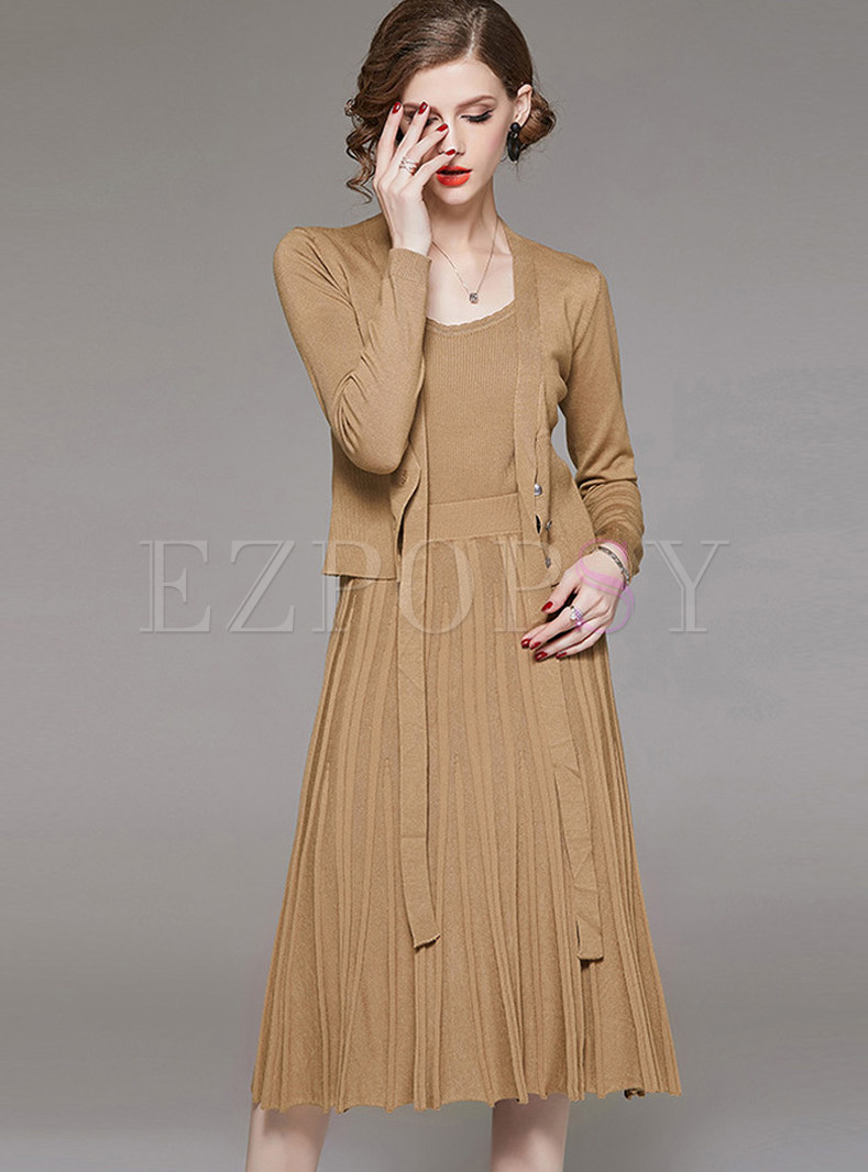 Pure Color Knitted Tied Coat With Sling & Pleated Skirt
