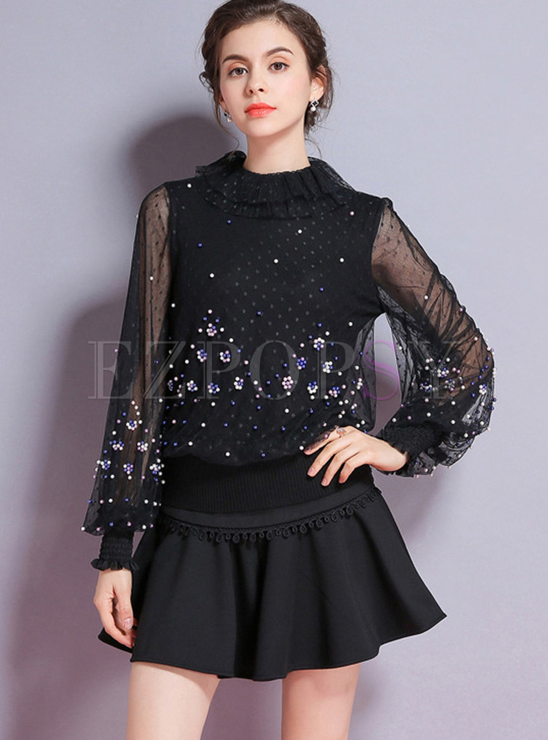 Ruffled Neck Beaded Mesh Splicing Knitted Blouse