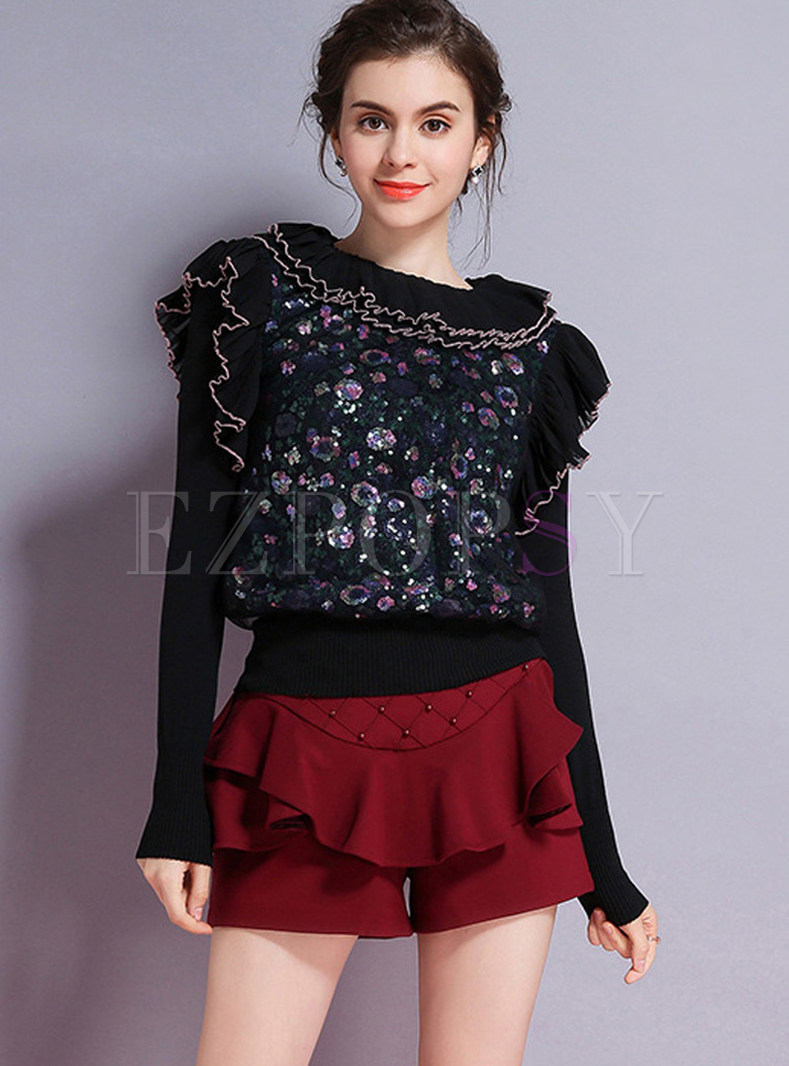 Crew Neck Flouncing Multicolor Sequined Sweater