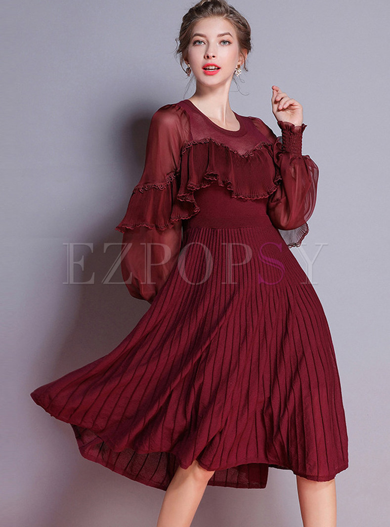 Perspective Lantern Sleeve Pleated Knitted Dress