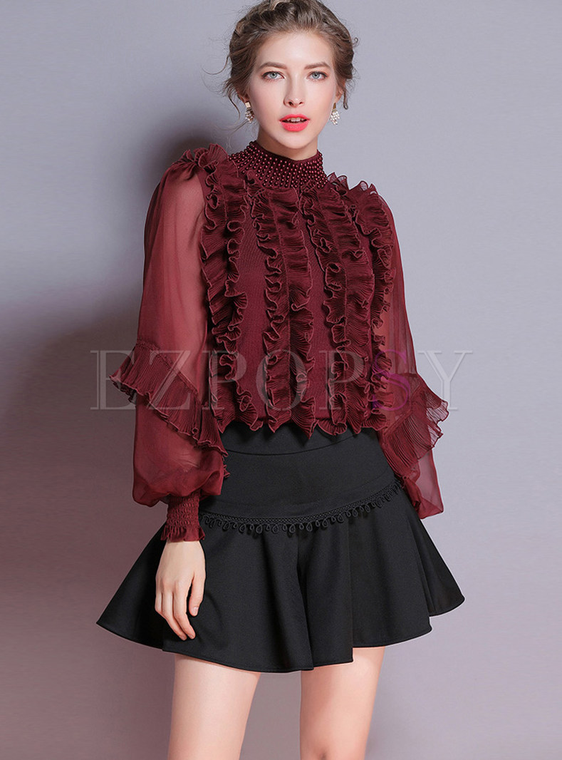 Wine Red Beaded Standing Collar Perspective Lantern Sleeve Blouse