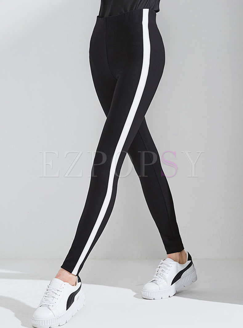 Black-white Blocked Striped Splicing Slim Elastic Leggings
