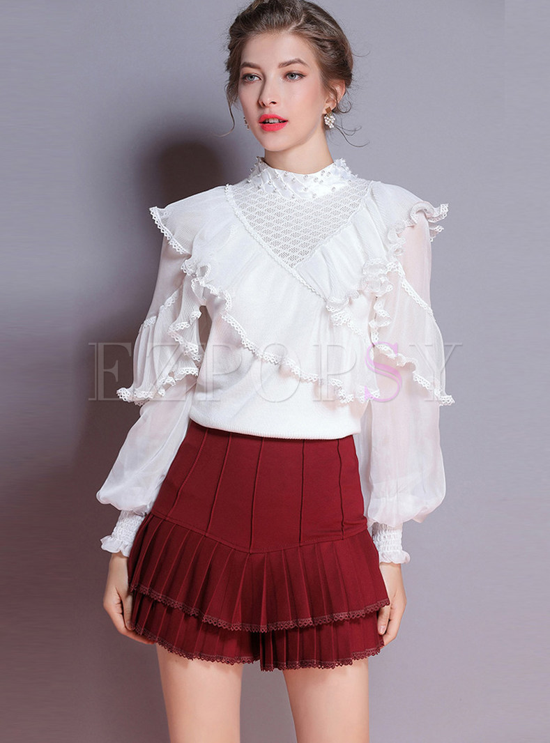 White Beaded Perspective Lantern Sleeve Flouncing Sweater