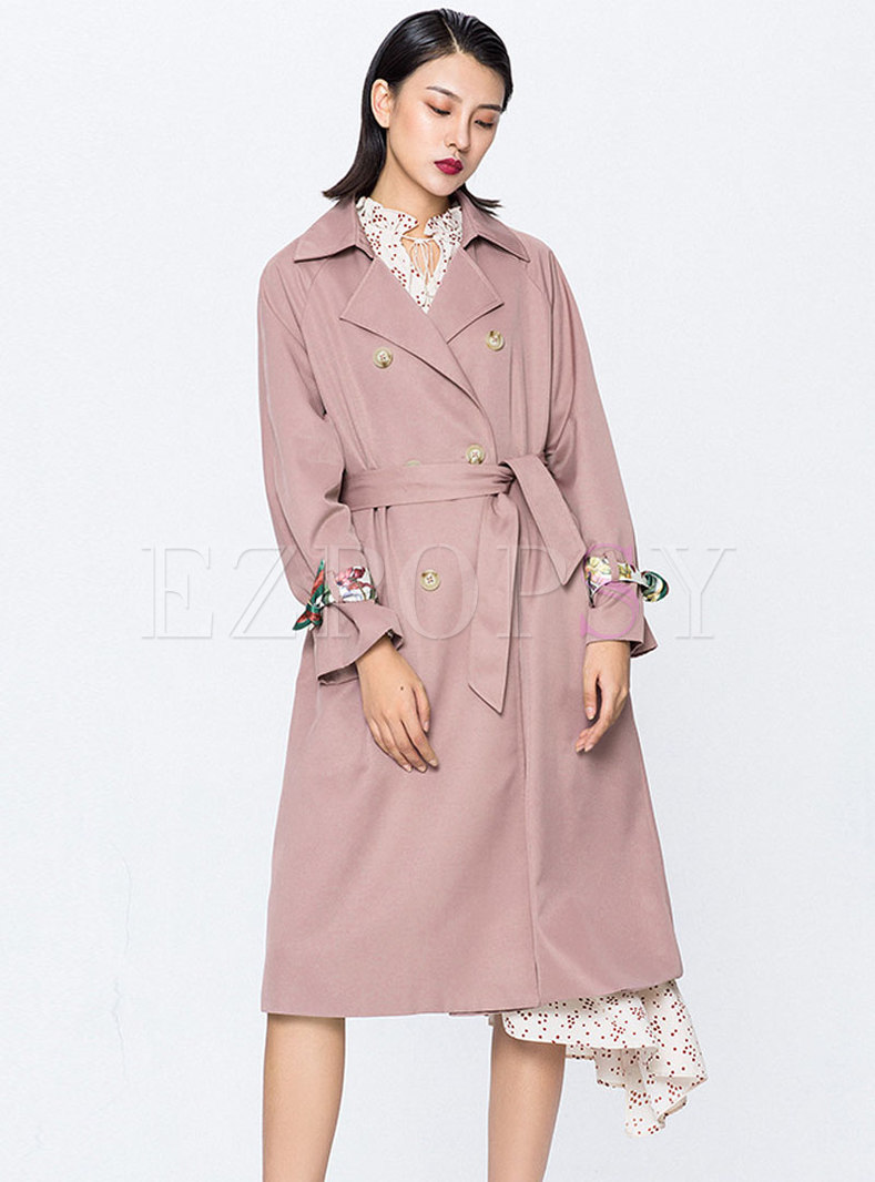 Stylish Print Splicing Double-breasted Belted Trench Coat