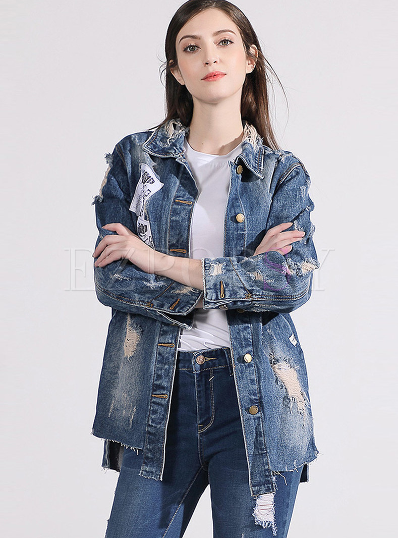 Outwear | Jackets/Coats | Turn Down Collar Holes Single-breasted Denim Coat