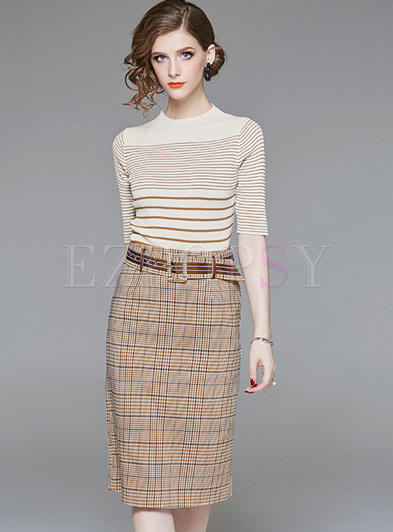 Stylish Apricot Three Quarters Sleeve Sweater & Plaid Sheath Midi Skirt