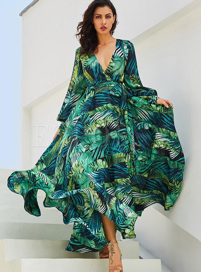 Dresses | Maxi Dresses | Deep V-neck Long Sleeve Waist Print Maxi Dress