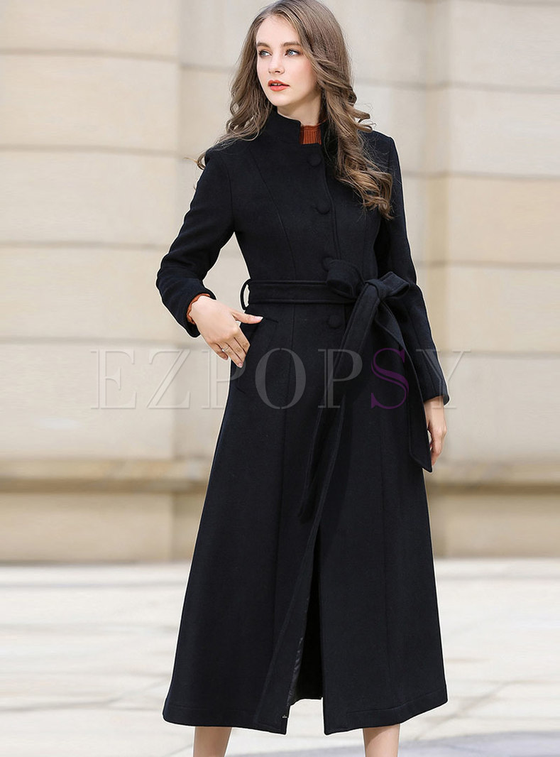 Pure Color Stand Collar Belted Slim Long Coat