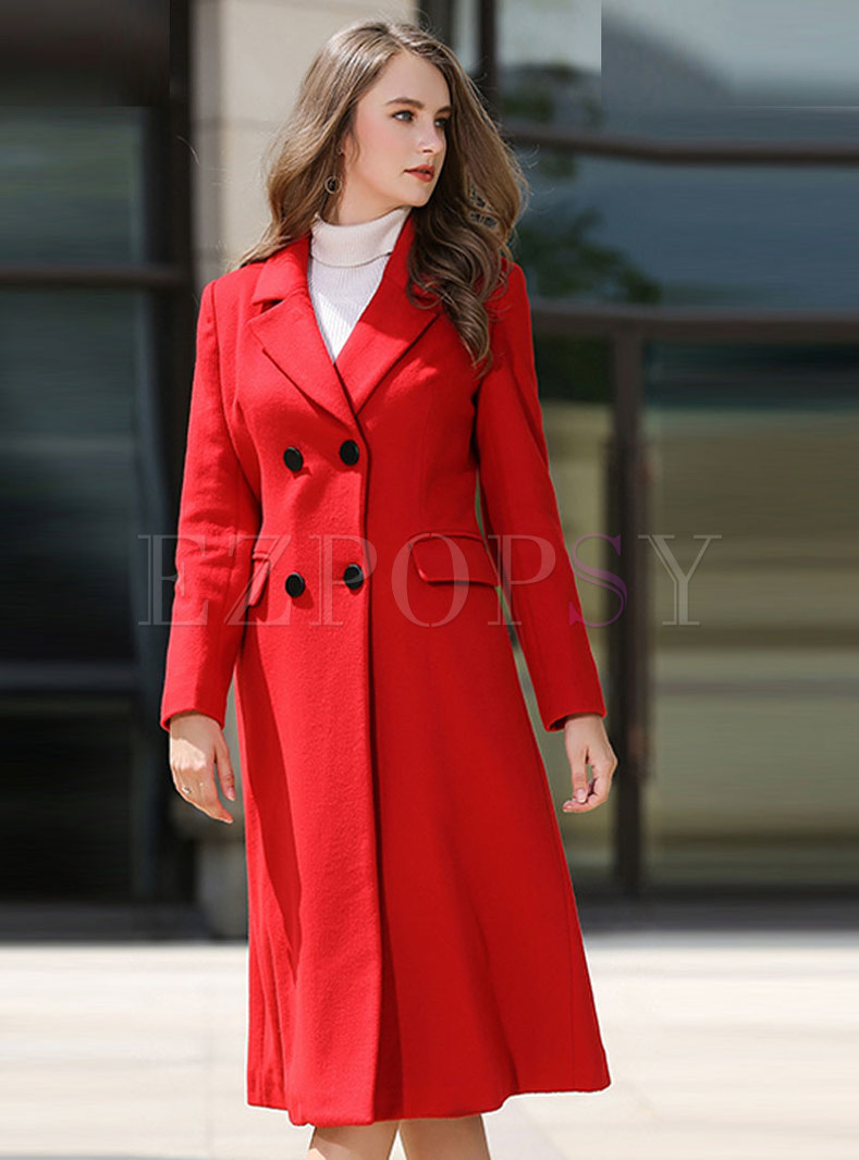 Winter Red Slim Knee-length Double-breasted Coat