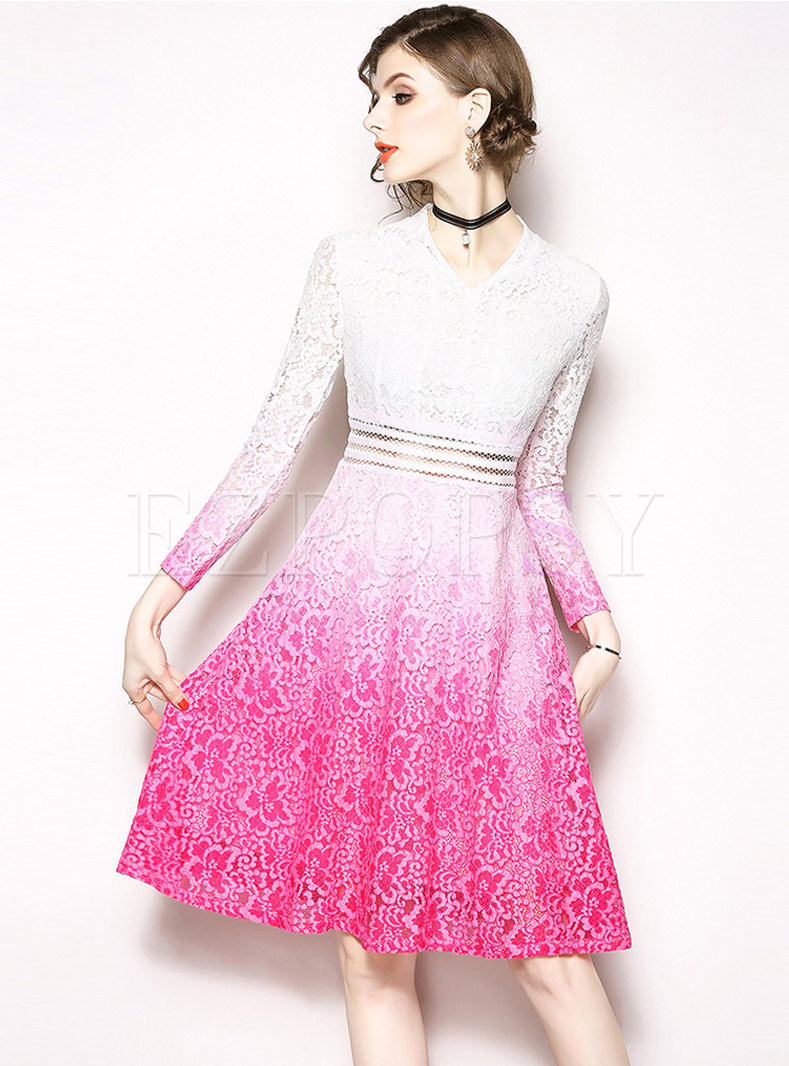 Fashion Color-blocked Long Sleeve Lace Skater Dress