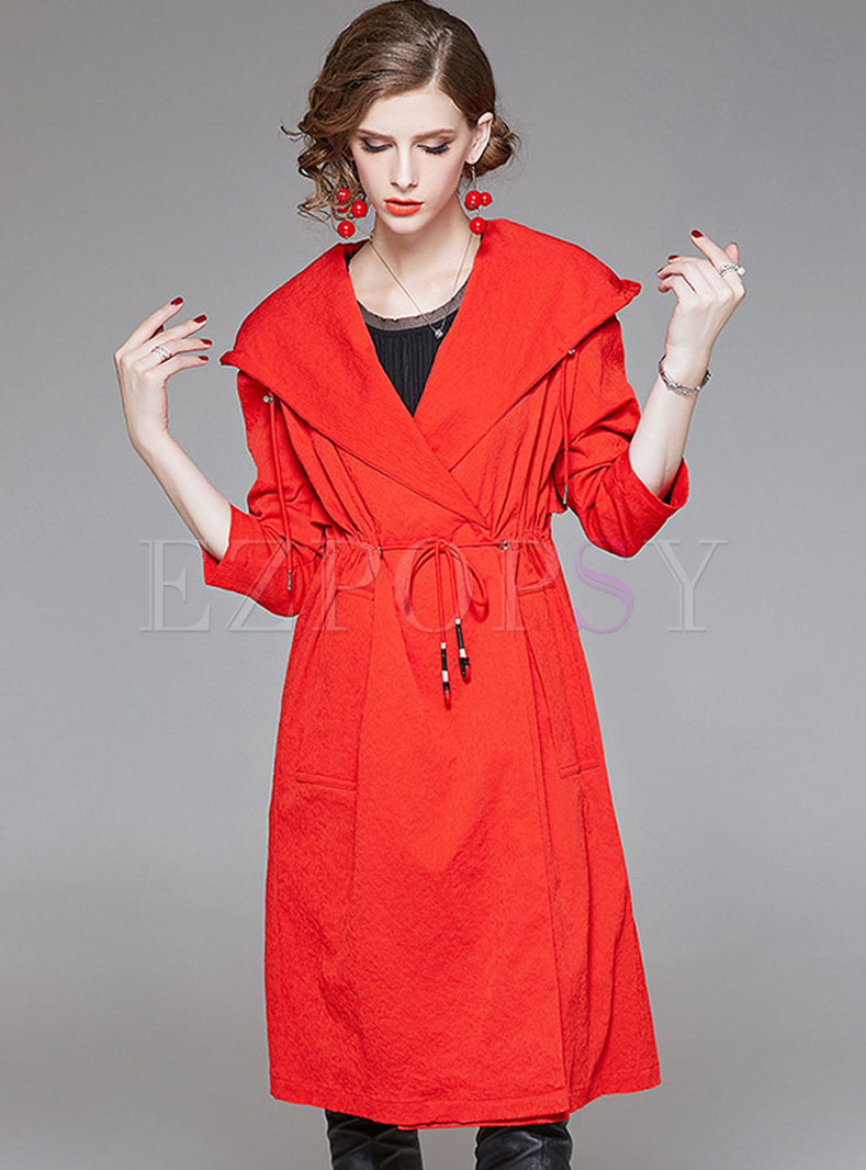 Fashion Autumn Red Hooded Loose All-match Trench Coat