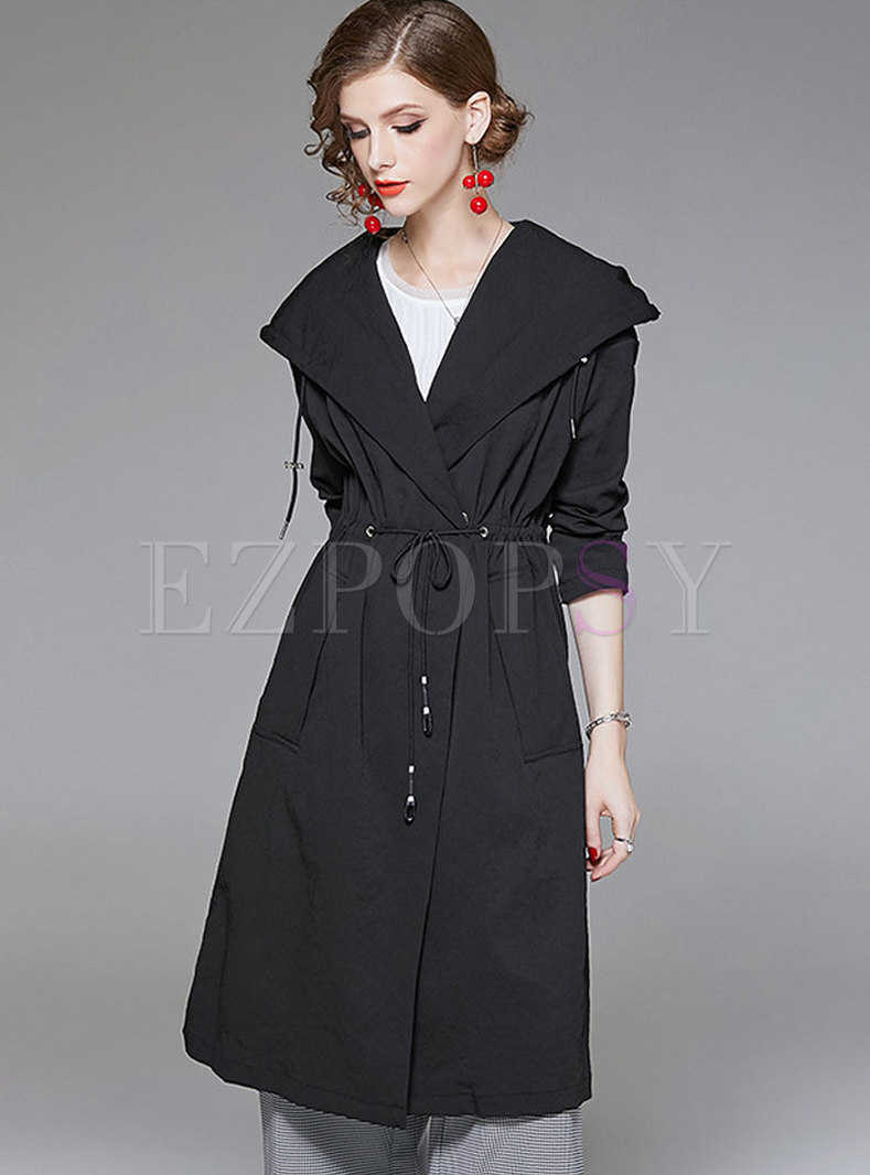 Fashion Black Hooded Loose All-match Asymmetric Trench Coat