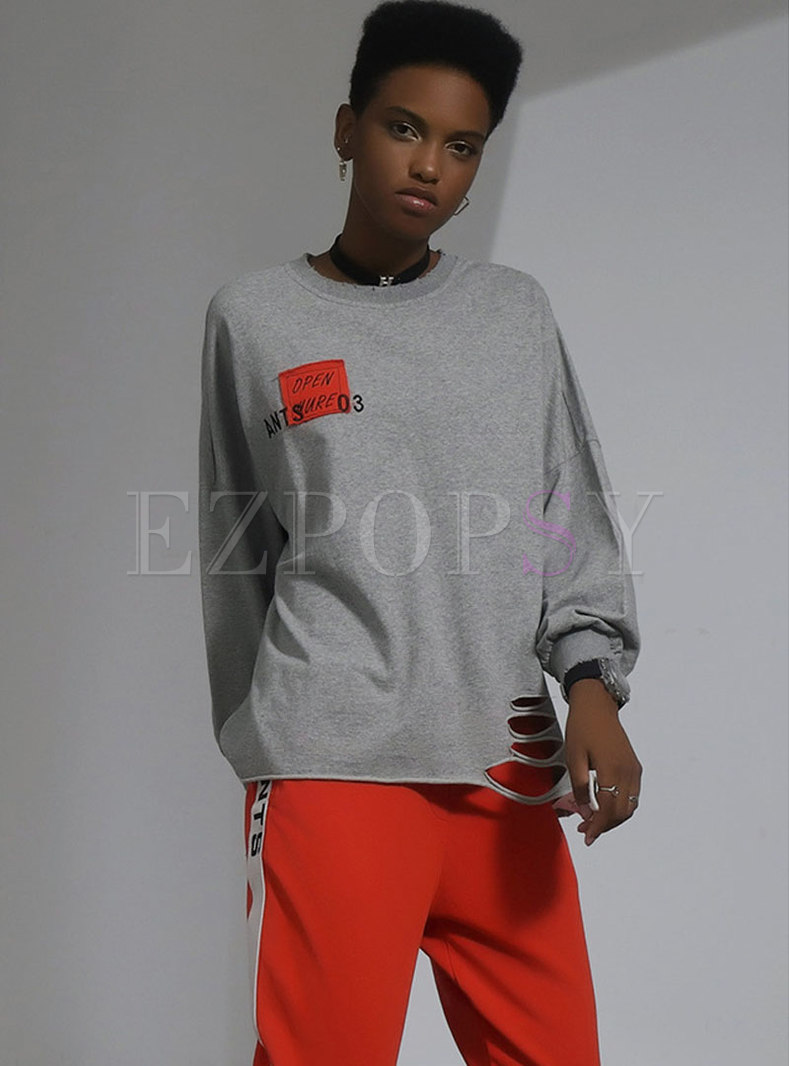 Casual Letter Print Hollow Out O-neck Sweatshirt