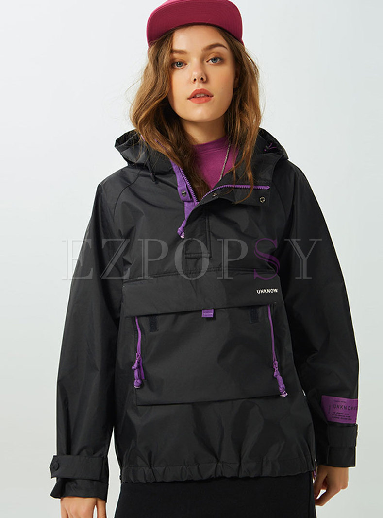 Casual Color-blocked Hooded Pullover Coat