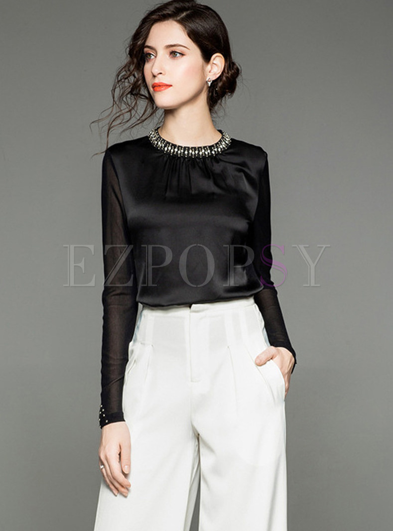 Beaded Standing Collar Perspective Long Sleeve Blouse