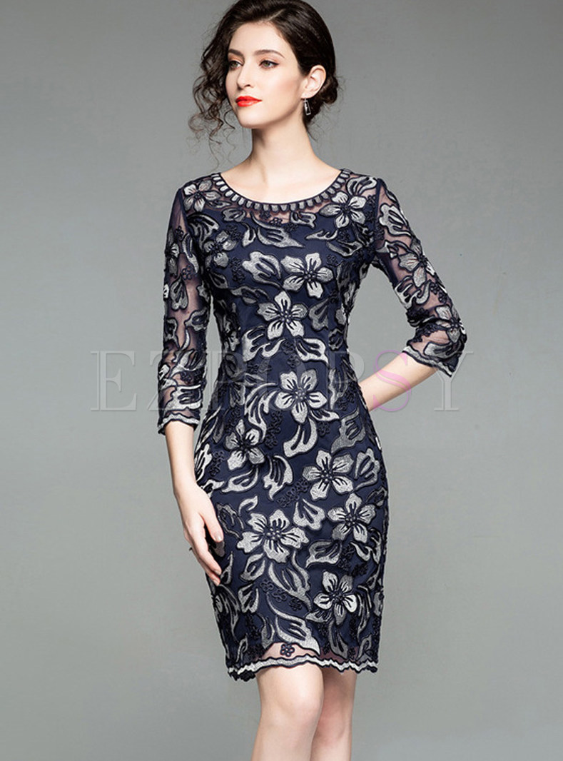 O-neck Mesh Perspective Slim Embroidered Bodycon Dress