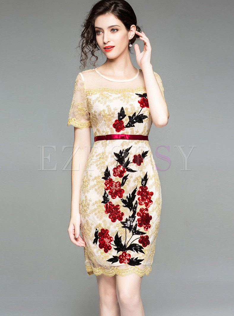 Dresses | Bodycon Dresses | Mesh Short Sleeve Slim Lace Print Bodycon Dress