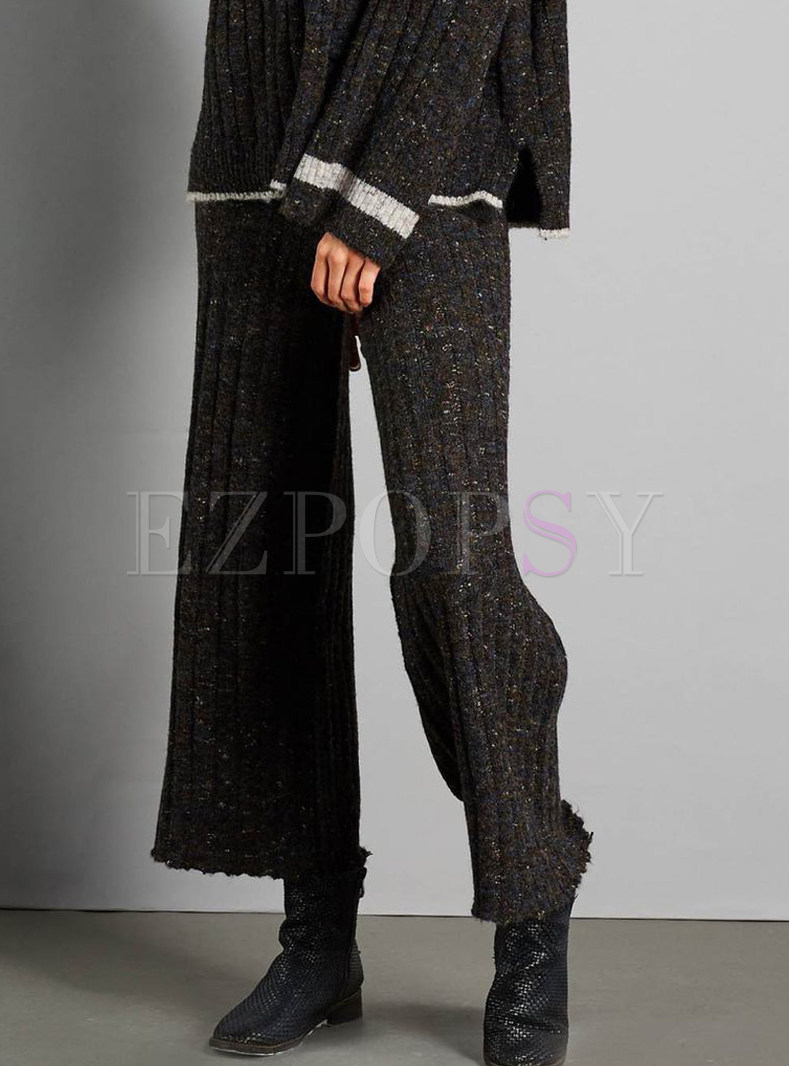 Casual Solid Color Striped Knitted Wide Leg Pants