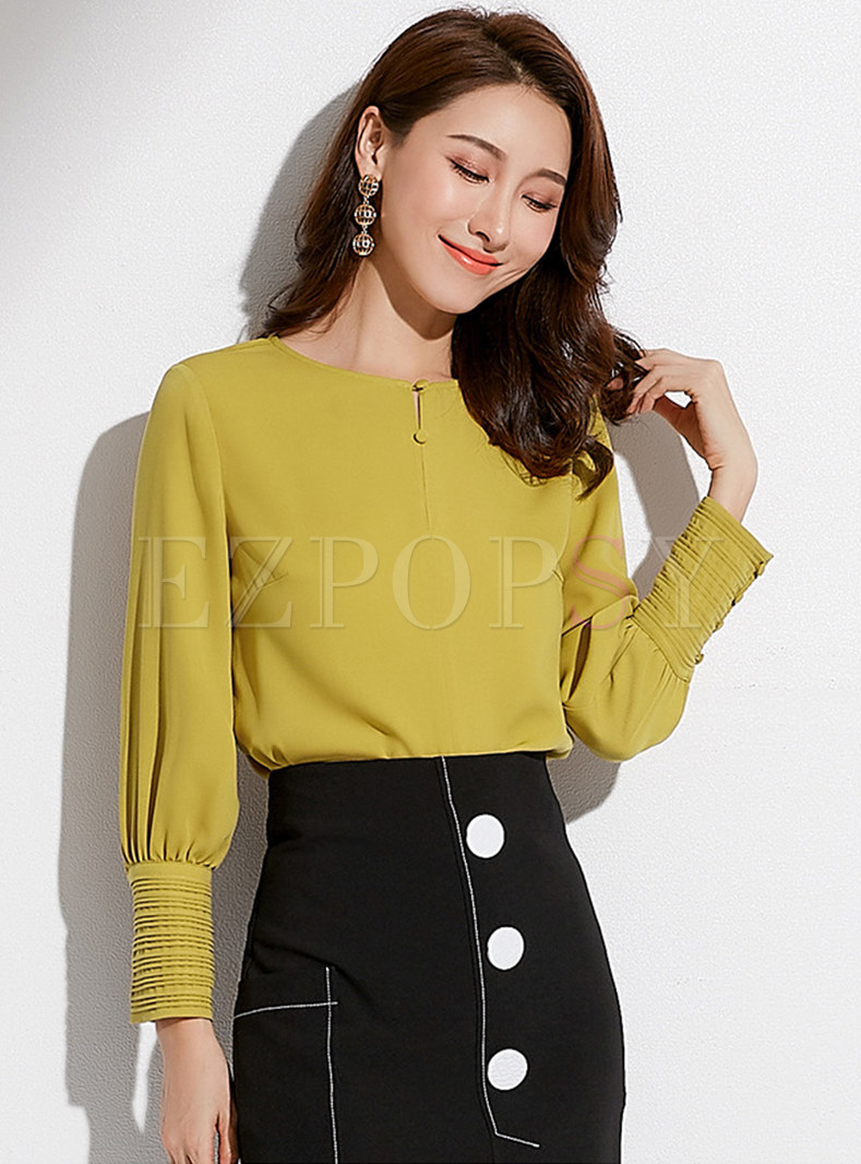 Tops | Blouses | Solid Color O-Neck Pullover Blouse