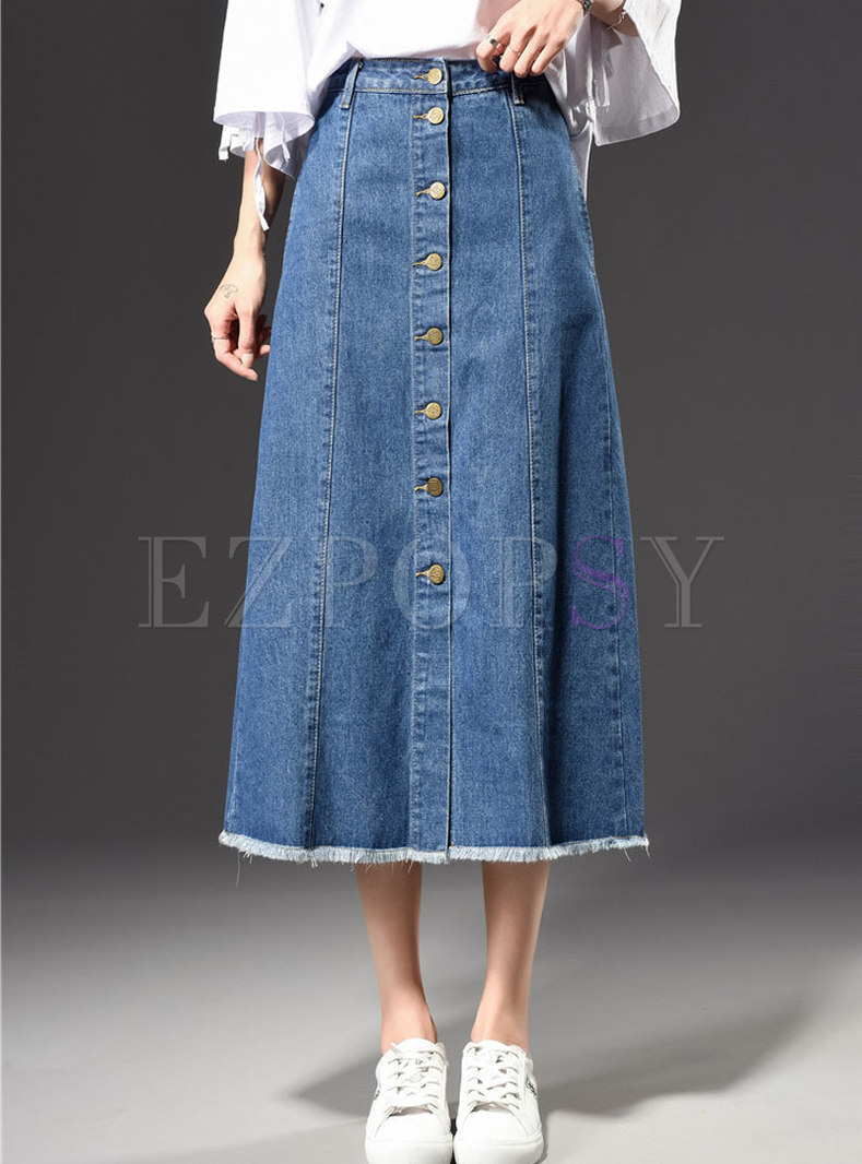 Skirts | Skirts | Stylish Blue Skater Denim Maxi Skirt With Tassel Edge