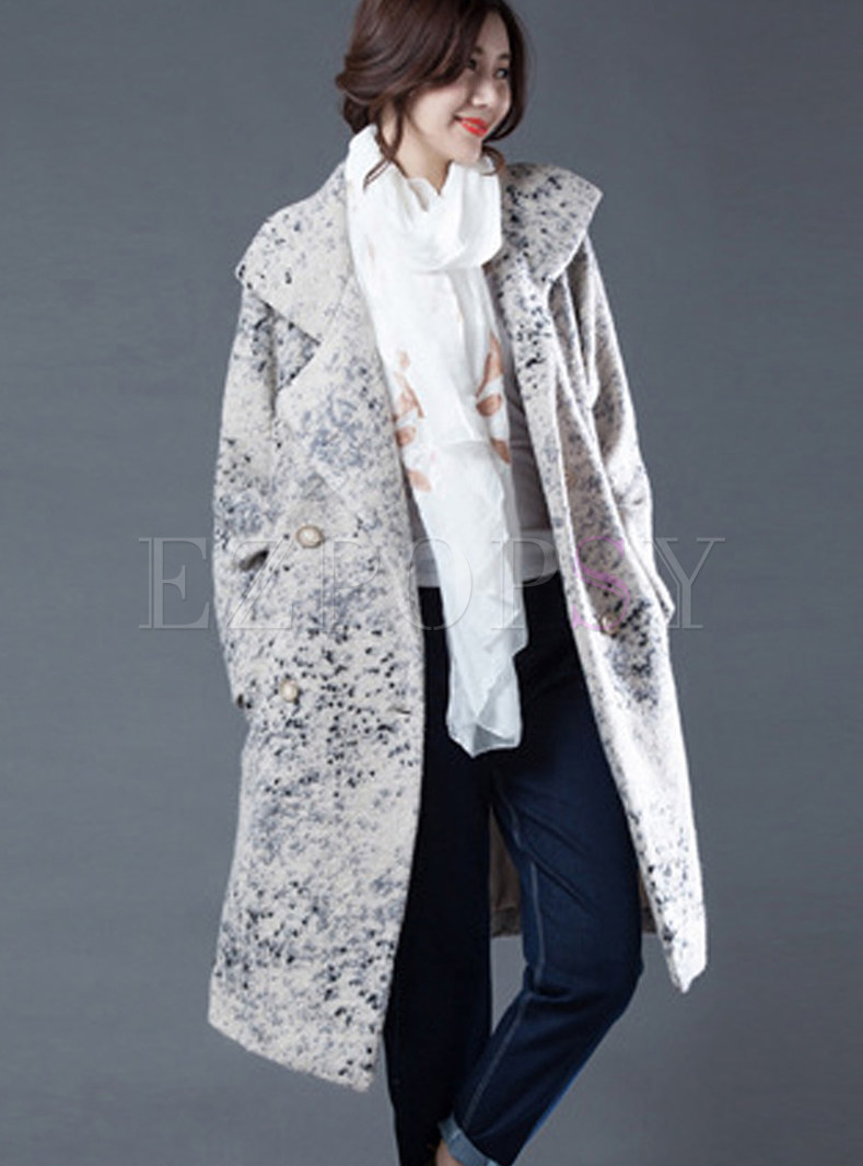 Casual Notched Color-blocked Double-breasted Wool Coat
