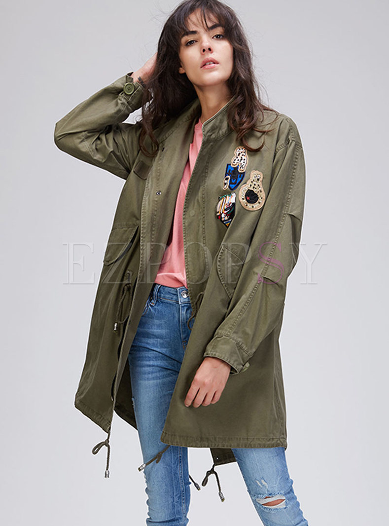  Casual Stand Collar Gathered Waist Patchwork Trench Coat