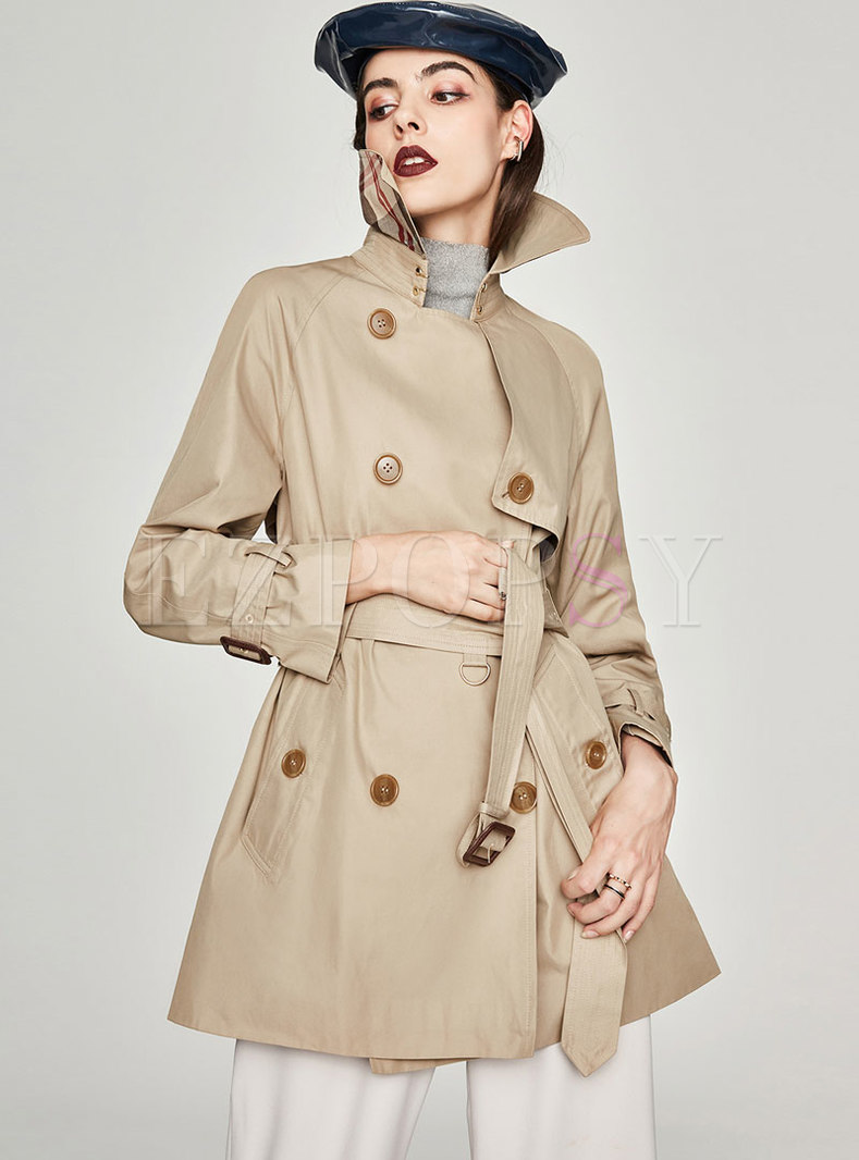Turn Down Collar Double-breasted Belted Slim Trench Coat