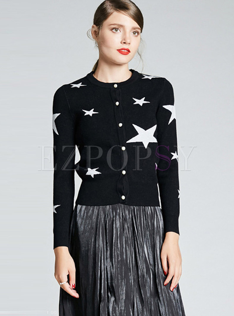 Chic Star Print Easy-matching Knitted Zip-up Coat 