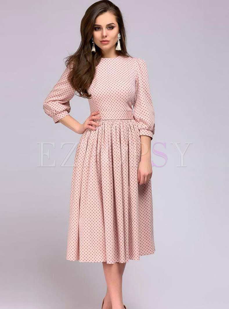 Fashion Pink Three Quarters Sleeve Dots Shirred A Line Dress