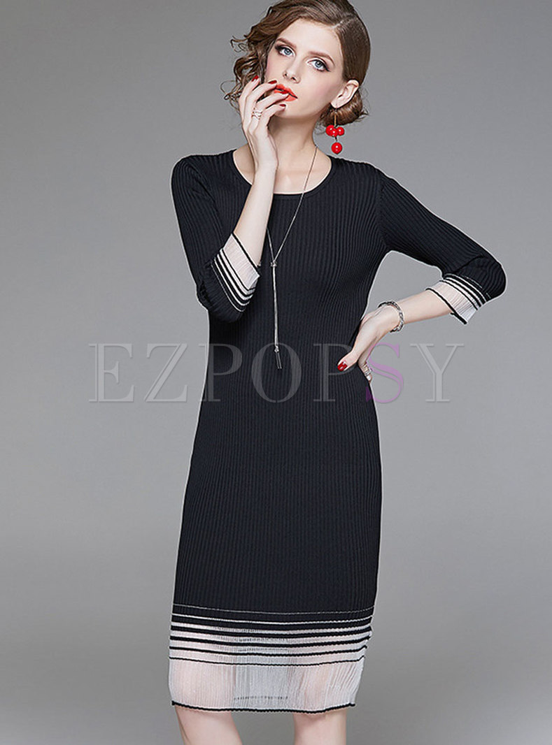Autumn Black Color-block Knitted Bodycon Dress