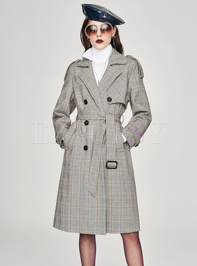 Double-breasted Belted Plaid Trench Coat
