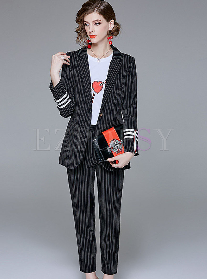 Work Stylish Black Blazer & Striped Slim Pencil Pants
