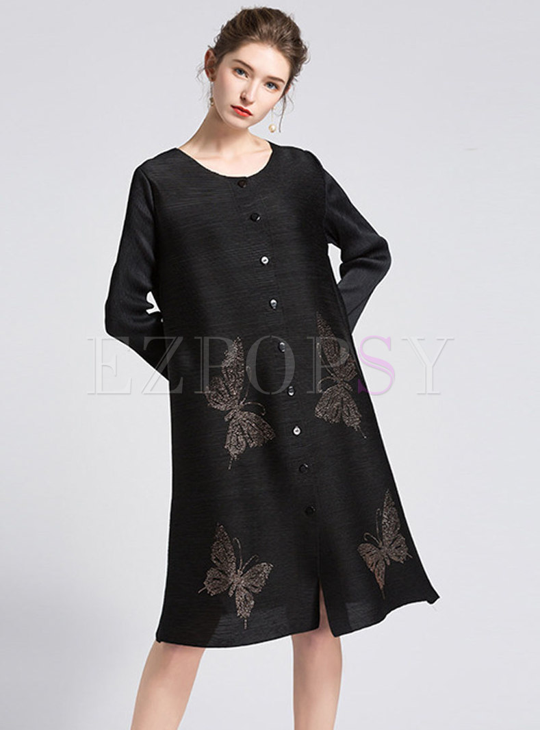 Chic Butterfly Print O-neck Single-breasted Loose Dress
