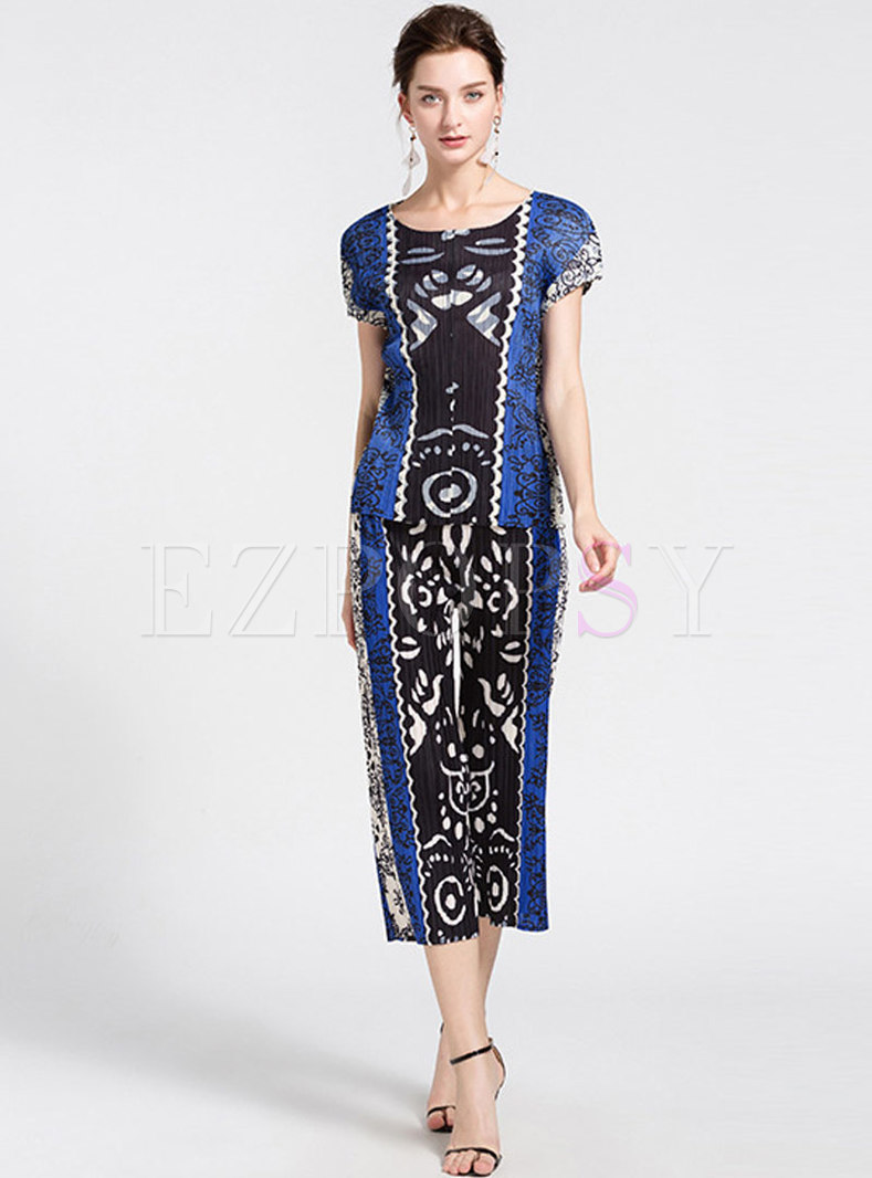 Stylish Ethnic Print Slim Pleated Two Piece Outfits