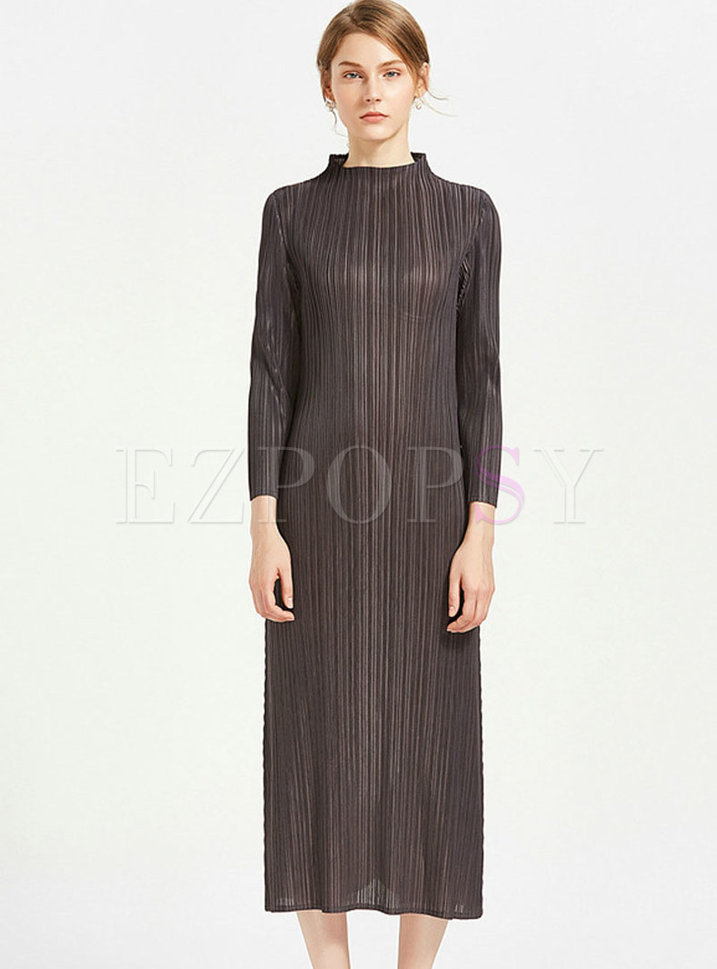 Brief Solid Color High Neck Long Sleeve Slim Dress