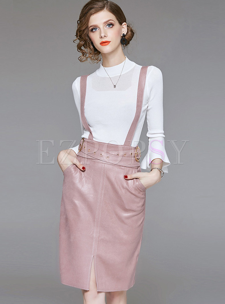 Standing Collar Flare Sleeve Top & Solid Color Skirt