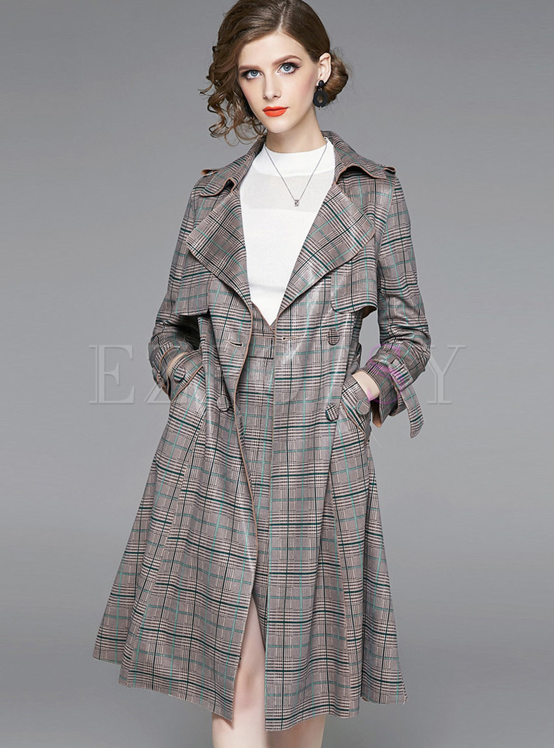 Fashion Plaid Notched Slim Tie-waist Trench Coat