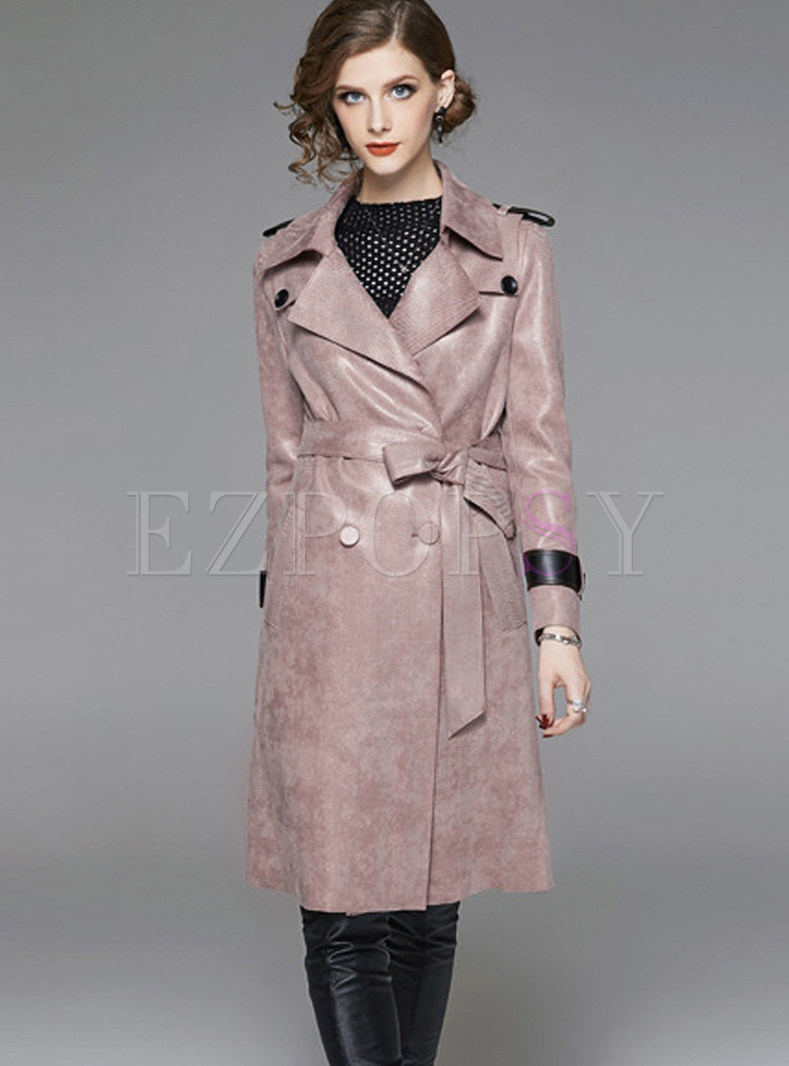 Notched Long Sleeve Loose Double-breasted Trench Coat