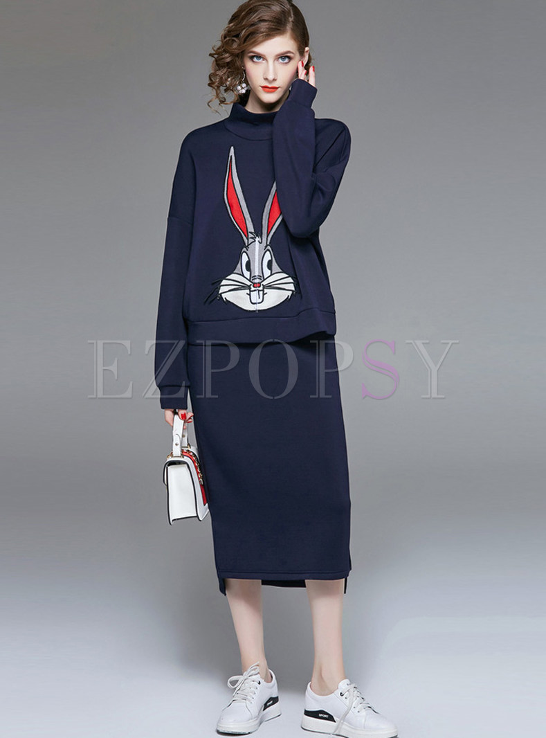 Casual Turtle Neck Rabbit Print Two Piece Outfits