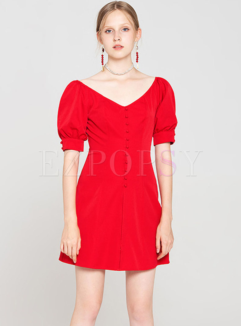 Stylish Red Off Shoulder Lantern Sleeve Dress