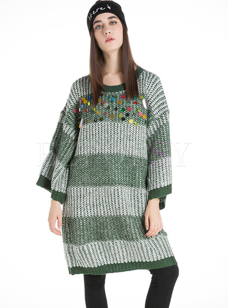Winter Crew-neck Striped Drop Shoulder Sleeve Knitted Sweater