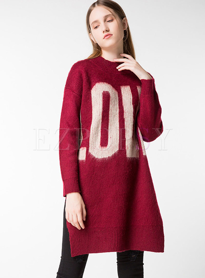 Autumn Love Pattern Knitted Split Sweater 