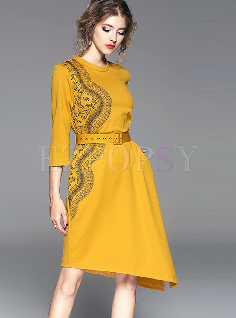 Fashion Yellow Three Quarters Sleeve Asymmetric Hem Dress 