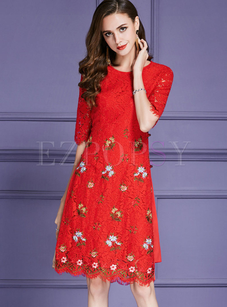 Fashion Red Half Sleeve Guipure Lace Slim Wrap Dress