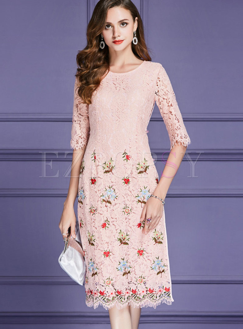 Fashion Pink Half Sleeve Guipure Lace Zip-up Wrap Dress